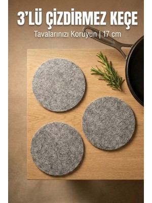 YUNUSOĞLU HOME 3 Parça Yuvarlak Keçe Tencere Tava Koruyucu 17 cm Çizik Önleyici Gri