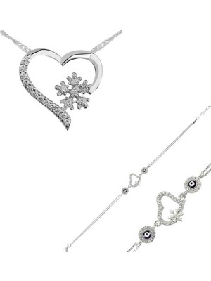 DMR Elegance Gümüş Kalp Kar Tanesi Bayan Set