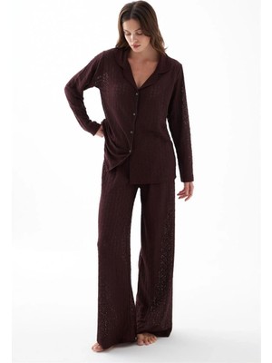 Moda Şahsenem Moda Kadın Mürdüm Önden Düğmeli Rahat Kesim Pijama Takımı – Günlük Ev Giyim Seti