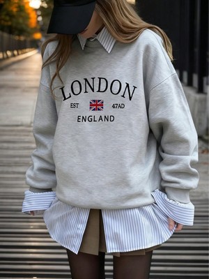 London Baskılı Sweatshırt 3 Iplik Oversize Kesim