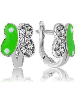 DMR Elegance Gümüş Yeşil Kelebek Çocuk Küpe