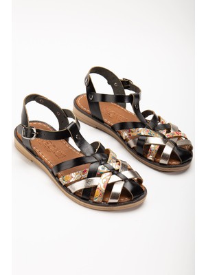 Zerenyus ZRİN-205-02 Premium Siyah Garni Ortopedik Hakiki Deri Kadın Sandalet