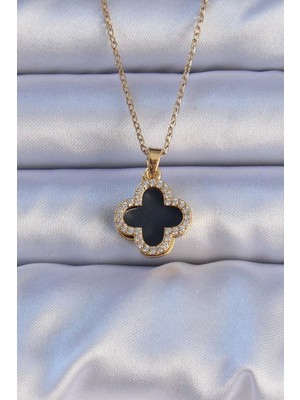 Ayder Timya 316L Çelik Gold Renk Siyah Mineli Zirkon Taşlı Yonca Figürlü Kolye - TJ-BKO9198 TG/Tmy229319