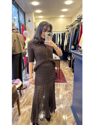 Içi Astarlı Beli Lastikli Dantel Etek - Kahverengi