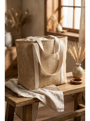 YUNUSOĞLU HOME Doğal Hasır Dokulu Omuz Çantası Geniş Hacimli Günlük ve Plaj Çantası Bej 36 x 30 cm