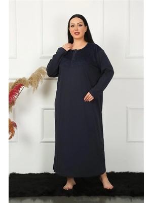 Moda Şahsenem Moda Kadın Büyük Beden Uzun Kol Dantelli Lacivert Anne Gecelik