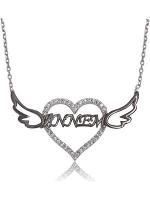 DMR Elegance Gümüş Annem Yazılı Kalp Bayan Kolye