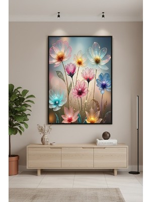 Safir Design Altın Işıltılı ve Pastel Geçişli Çiçek Illüstrasyonu Çerçeveli Tablo