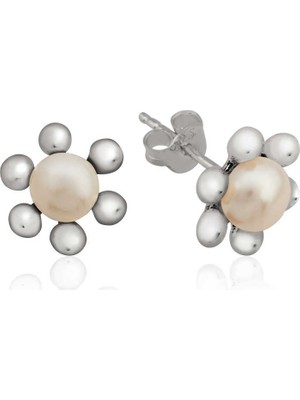 DMR Elegance Gümüş Inci Çiçek Çivili Küpe