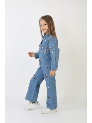 Butik Kız Çocuk Stitch ve Çiçek Nakışlı Ikili Denim Takım