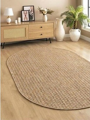 Saraz Halı OVAL Bej Renk Jüt Malzemeden Dokuma Modern Hasır Desenli Halı