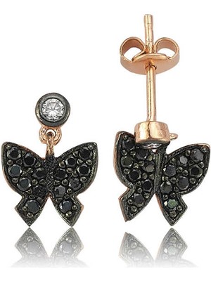 DMR Elegance Gümüş Siyah Kelebek Çivili Küpe