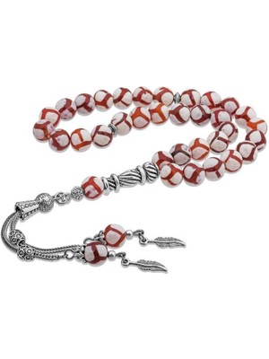 DMR Elegance Doğaltaş Metal Püsküllü Çizgili Akik Taşı Tesbih