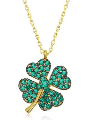 DMR Elegance Gümüş Gold Dört Yapraklı Yonca Kadın Kolye