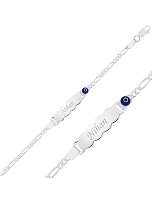 DMR Elegance Gümüş Mavi Boncuklu Plaka Çocuk Bileklik