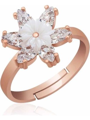 DMR Elegance Gümüş Rose Beyaz Lotus Çiçeği Yüzük