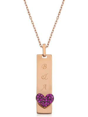DMR Elegance Gümüş Rose Kalpli Plaka Kolye