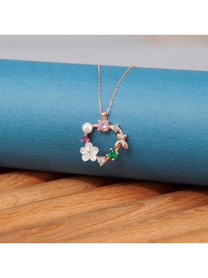 DMR Elegance Gümüş Rose Kalp Manolya Çiçeği Kelebek Kadın Kolye