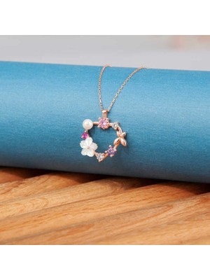 DMR Elegance Gümüş Rose Manolya Çiçeği Kelebek Kadın Kolye