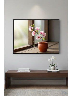 Safir Design Sade ve Şık Pencere Kenarı Çiçek Illüstrasyonu Çerçeveli Salon Tablosu