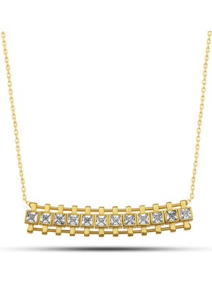 DMR Elegance Gümüş Gold Zirkon Taşlı Kare Bar Kadın Kolye