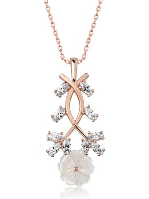 DMR Elegance Gümüş Rose Beyaz Bahar Çiçeği Kolye