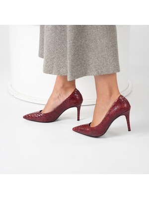 Ametist Nadia Bordo Yılan Baskılı Gerçek Deri Stiletto – 9 cm Topuk