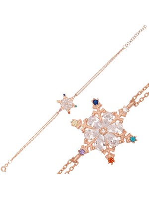 DMR Elegance Gümüş Rose Renkli Taşlı Kar Tanesi Kadın Bileklik