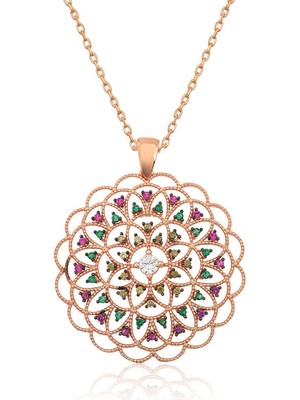 DMR Elegance Gümüş Rose Geometrik Desenli Madalyon Kolye