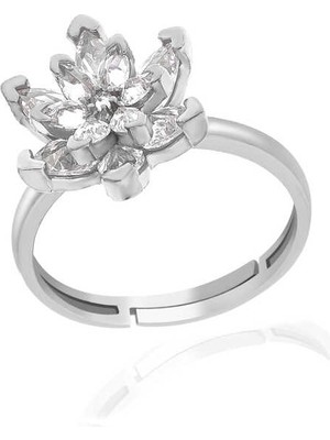 DMR Elegance Gümüş Beyaz Taşlı Lotus Çiçeği Kadın Yüzük