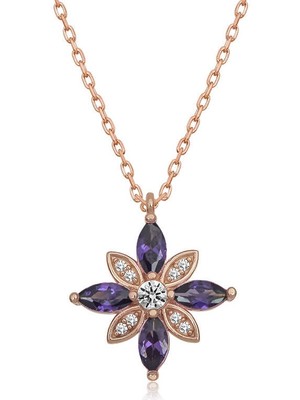 DMR Elegance Gümüş Rose Mor Taşlı Umut Çiçeği Kolye