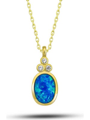 DMR Elegance Gümüş Gold Mavi Opal Taşlı Ananas Kadın Kolye