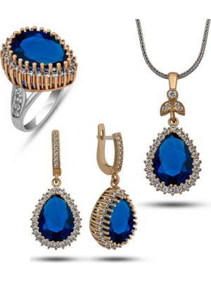 DMR Elegance Gümüş Lacivert Zirkon Taşlı Hürrem Kadın Set