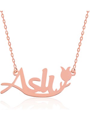 DMR Elegance Gümüş Rose Kişiye Özel Lale Desenli Isimli Bayan Kolye