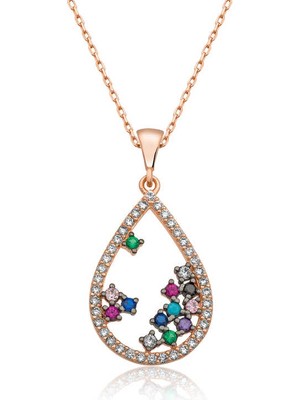 DMR Elegance ​gümüş Rose Renkli Taşlı Damla Kolye