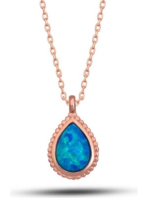 DMR Elegance Gümüş Rose Damla Mavi Opal Taşlı Kadın Kolye