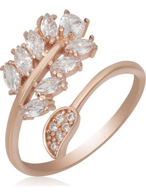 DMR Elegance Gümüş Rose Ayarlanabilir Beyaz Taşlı Yaprak Kadın Yüzük