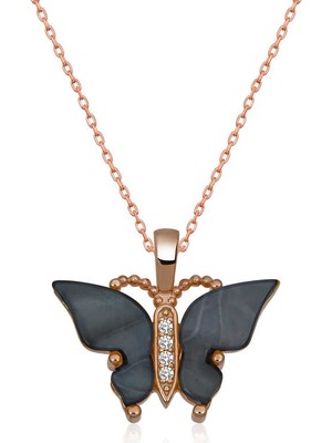 DMR Elegance Gümüş Rose Antrasit Kaplangözü Taşlı Kelebek Kolye