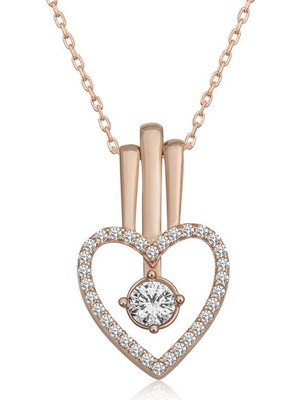 DMR Elegance Gümüş Rose Kalpli Tek Taş Kadın Kolye