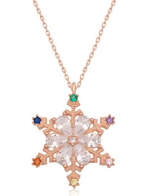 DMR Elegance Gümüş Rose Renkli Taşlı Kar Tanesi Kadın Kolye