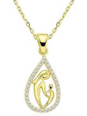 DMR Elegance Gümüş Gold Damla Anne Çocuk Kolyesi