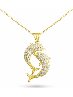 DMR Elegance Gümüş Gold Çift Yunus Balığı Kadın Kolye