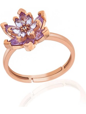 DMR Elegance Gümüş Rose Lila Taşlı Lotus Çiçeği Kadın Yüzük