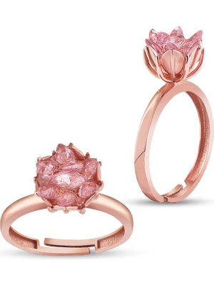 DMR Elegance Gümüş Rose Pembe Lotus Çiçeği Yüzük