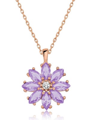 DMR Elegance Gümüş Rose Lila Çiçek Kolye