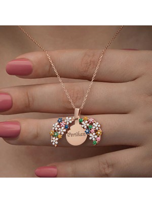 DMR Elegance Gümüş Rose Renkli Çiçek Kişiye Özel Kadın Kolye