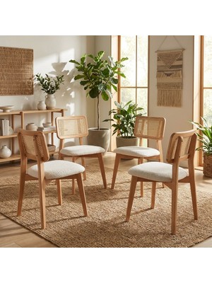 Silla Concept 4 Adet Zion Sandalye Teddy Krem Kumaş Hasırlı Naturel Ahşap Sandalye (4 Adet)