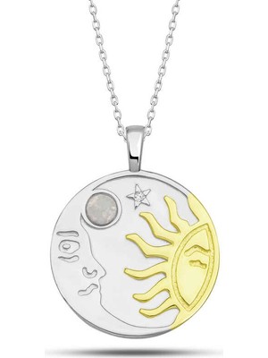 DMR Elegance Gümüş Opal Beyaz Taşlı Ay Güneş Kadın Kolye