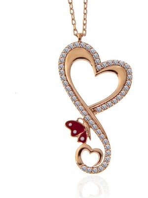 DMR Elegance Gümüş Rose Kalpli Kelebek Kadın Kolye