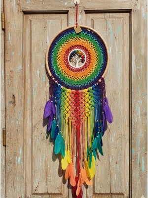 Meya Design Renkli El Yapımı Makrome Duvar Süsü – Dekoratif Bohem Duvar Aksesuarı (43 × 110 Cm)